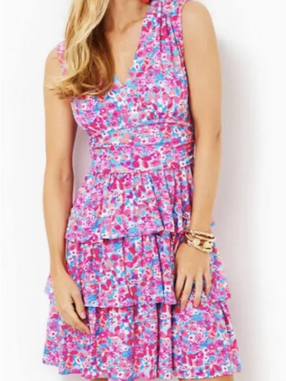 Lilly Pulitzer Pink Floral Tiered V-Neck Dress